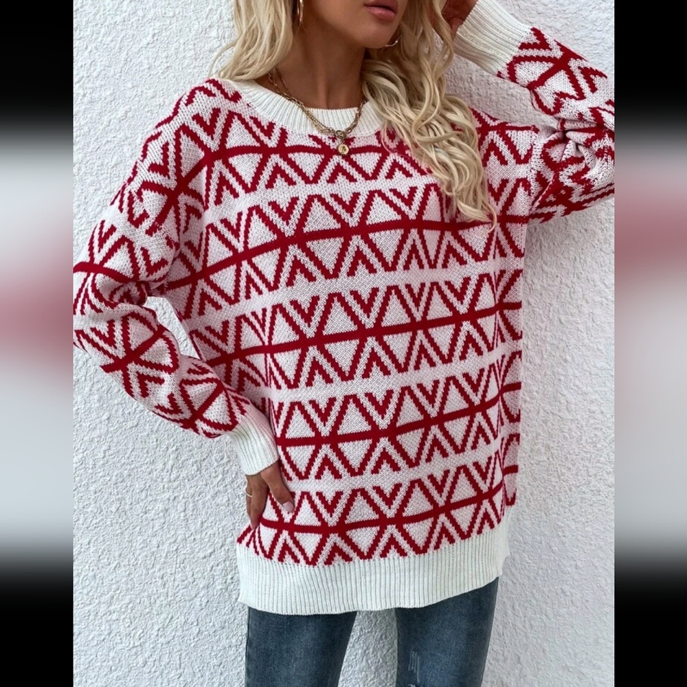 Red & White Geometric Sweater - Picture 6 of 7
